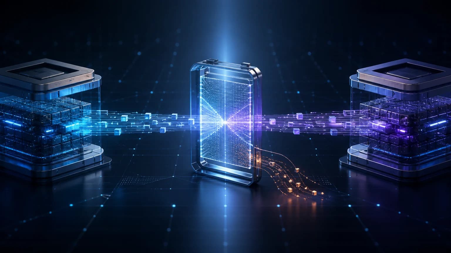 Two software services exchanging structured data through a central API contract validation gateway