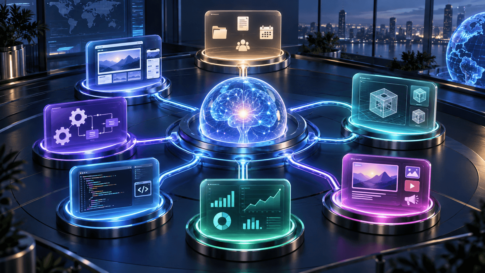 An AI hub coordinating seven practical business workflows