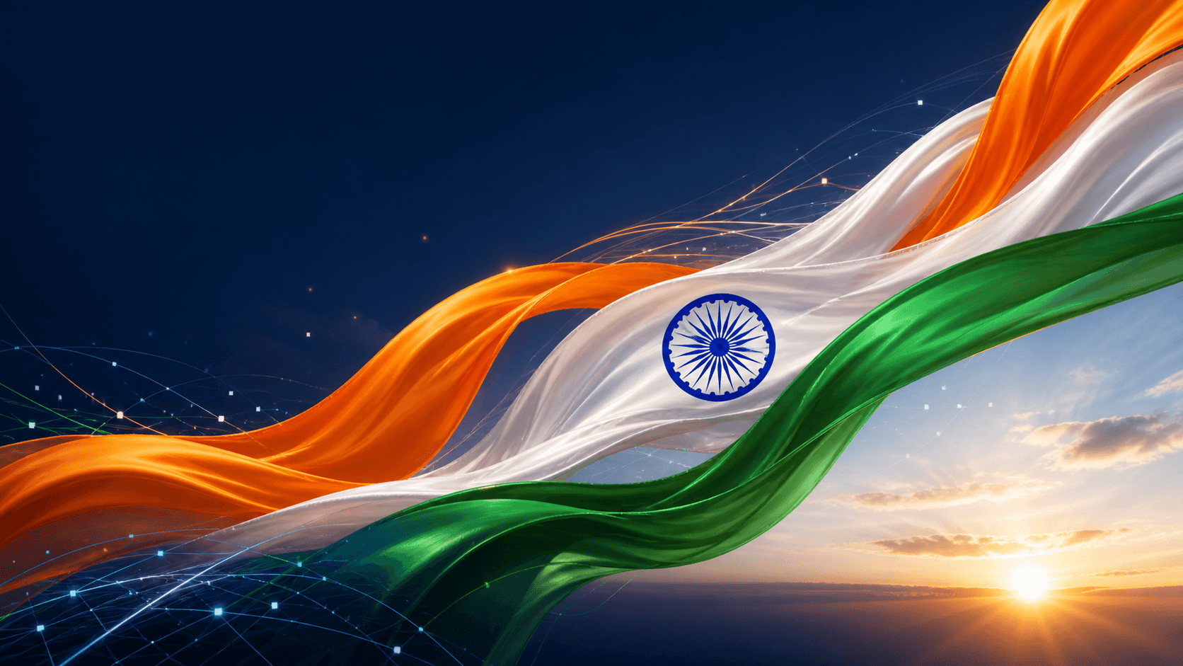 Saffron, white and green fabric flowing toward an Ashoka Chakra against a digital navy backdrop