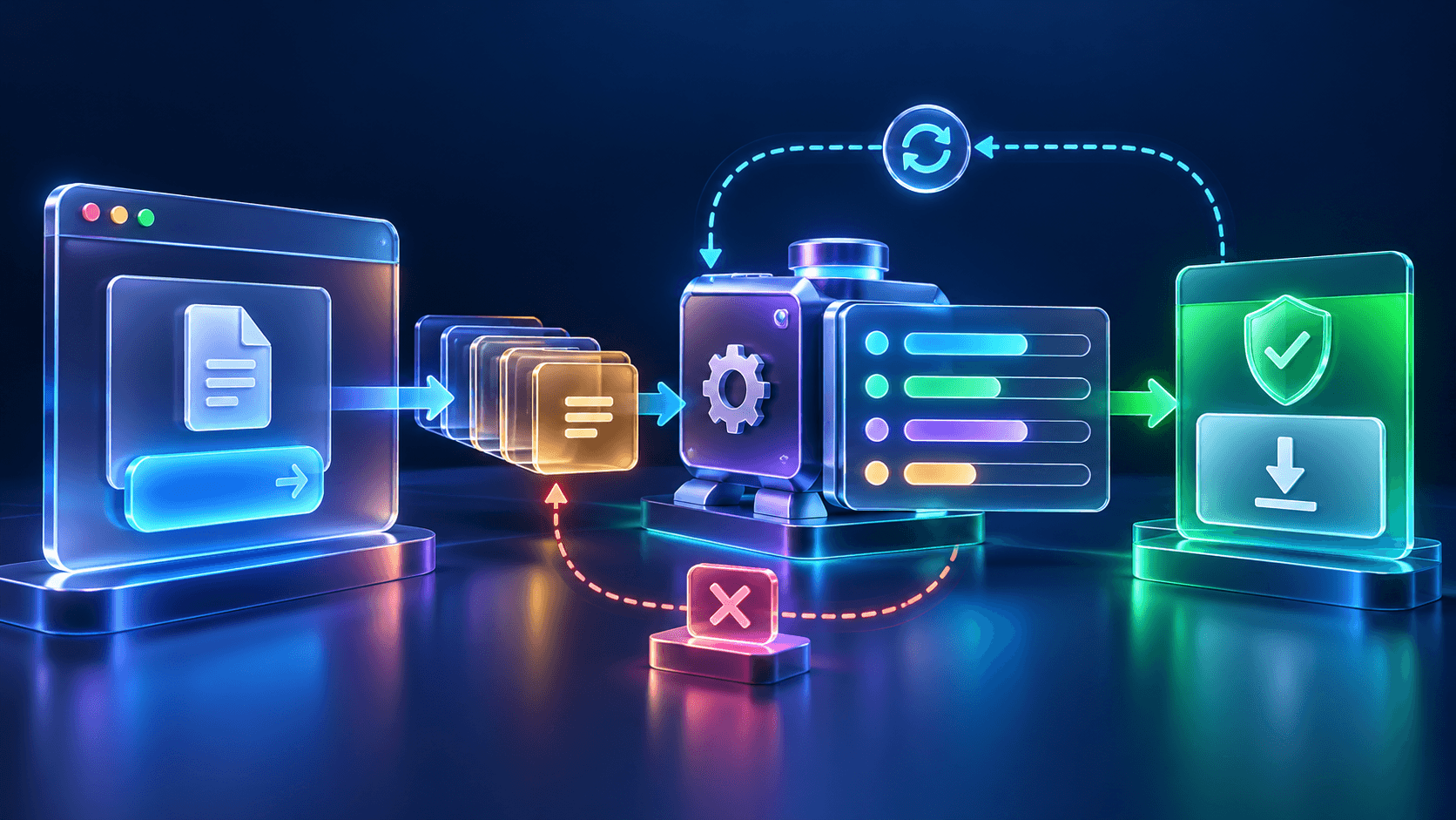 A browser submitting queued work to a worker with progress tracking, a cancellation checkpoint, reconnect loop, and secure result retrieval