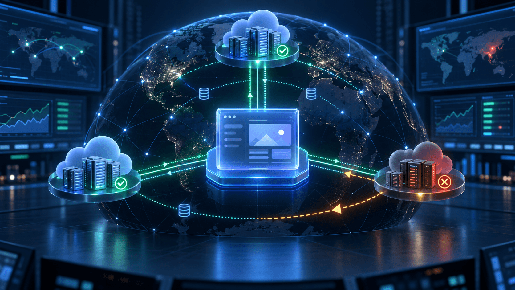 A global Next.js application routing traffic across healthy regions during a regional failure