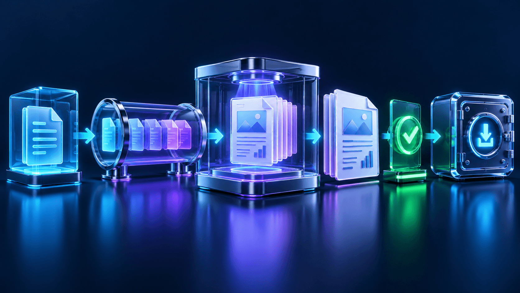 A data snapshot passing through a queue and isolated document renderer into verified reports and a secure download vault