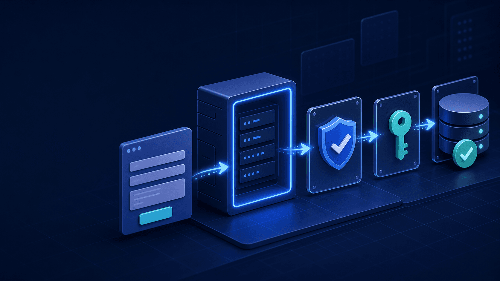 Illustration of a secure server action flowing from a form through validation and authorization to a database