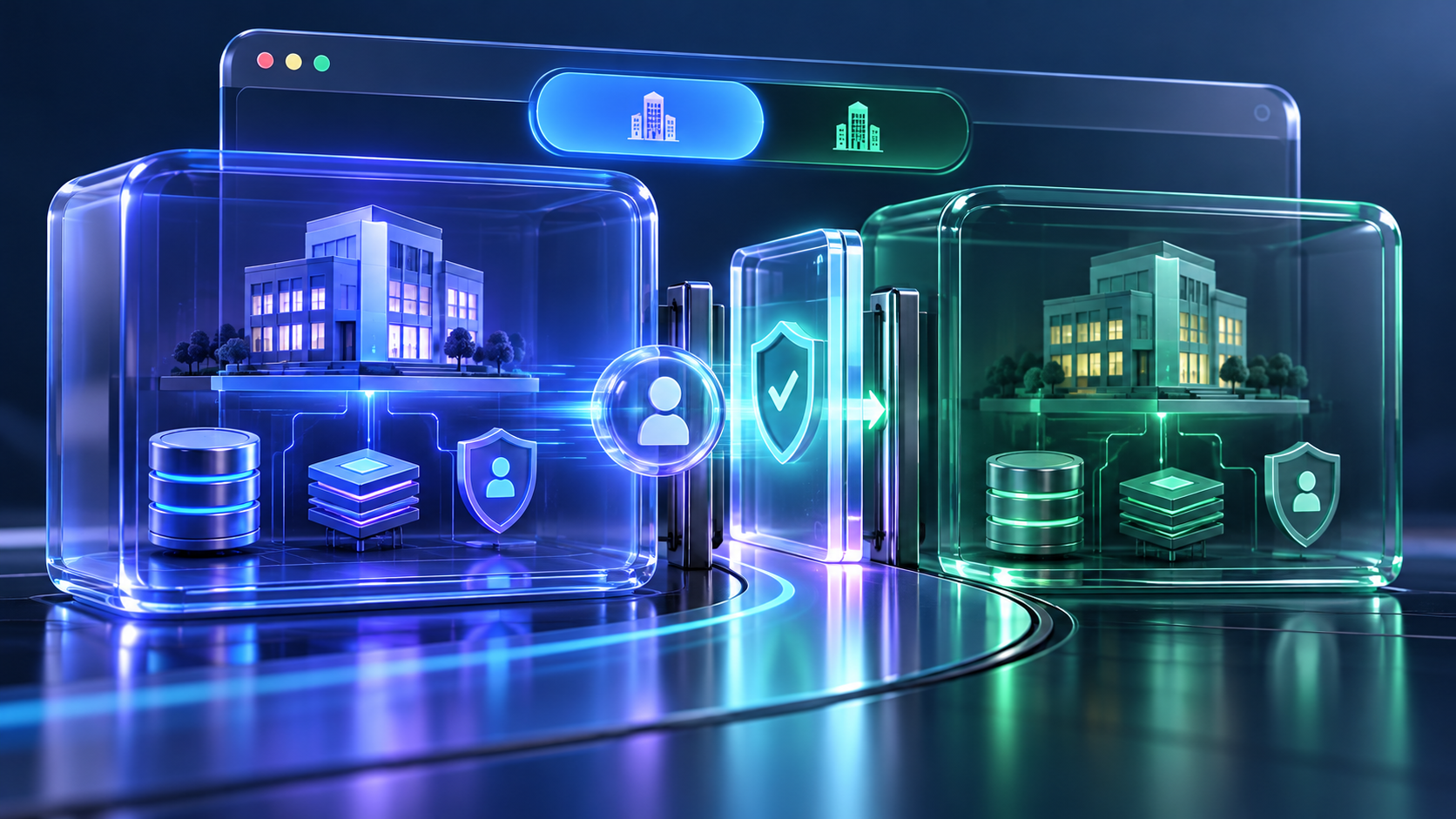 A verified user switching between isolated organization workspaces with separate databases, caches, and permission boundaries