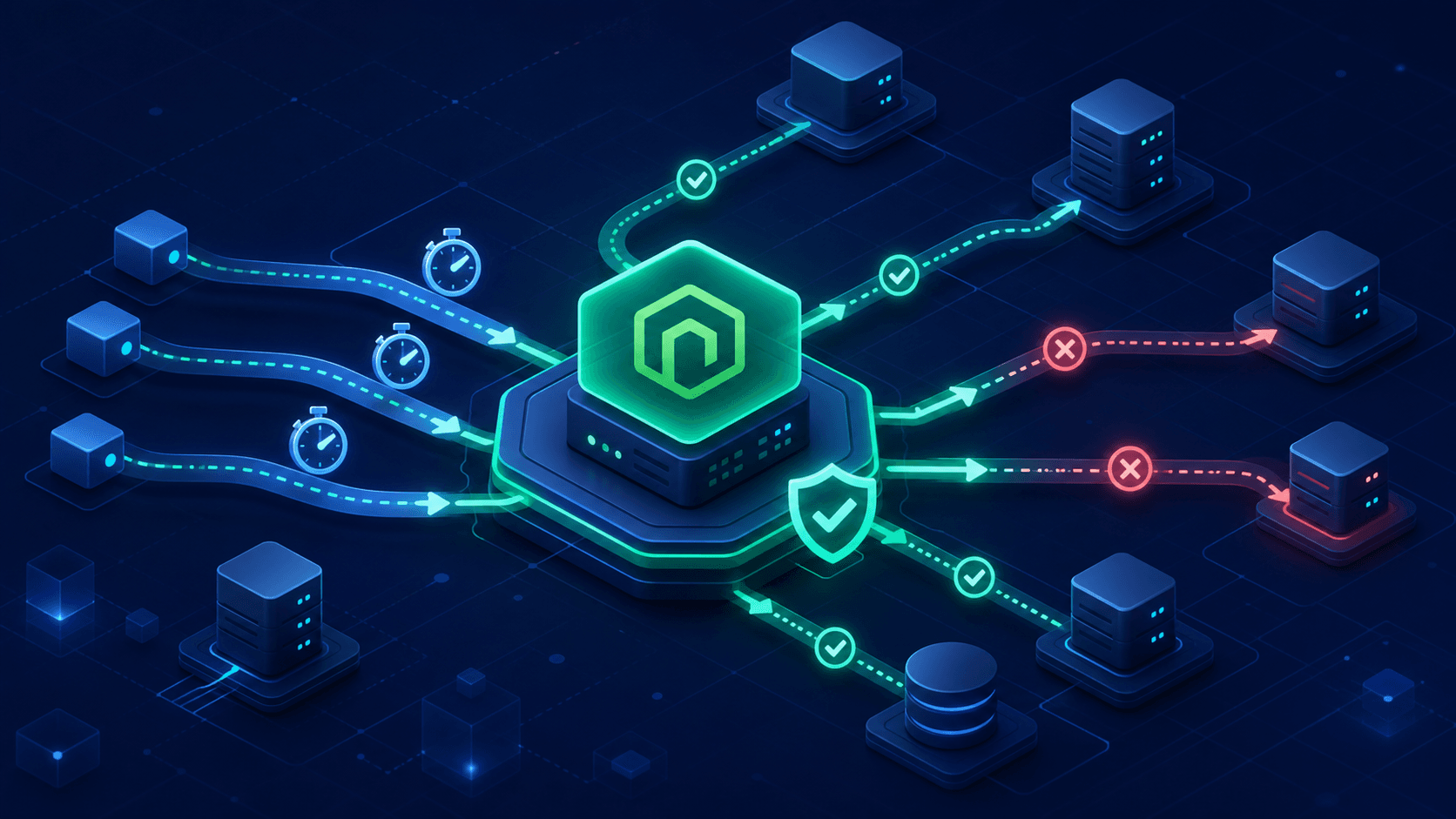 Abstract illustration of a Node.js service routing requests with deadlines and cancellation signals