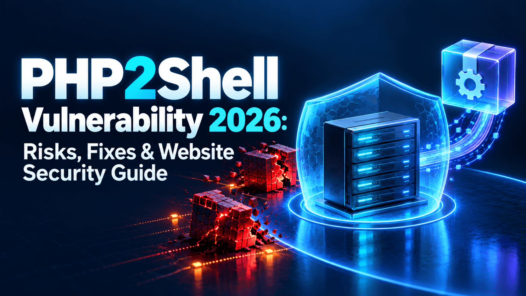 PHP2Shell Vulnerability 2026: Risks, Fixes & Website Security Guide — illustrated with a shielded server receiving an update