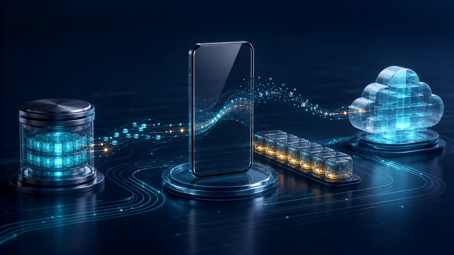 Offline-first mobile sync architecture connecting a local data store and durable queue to a cloud service