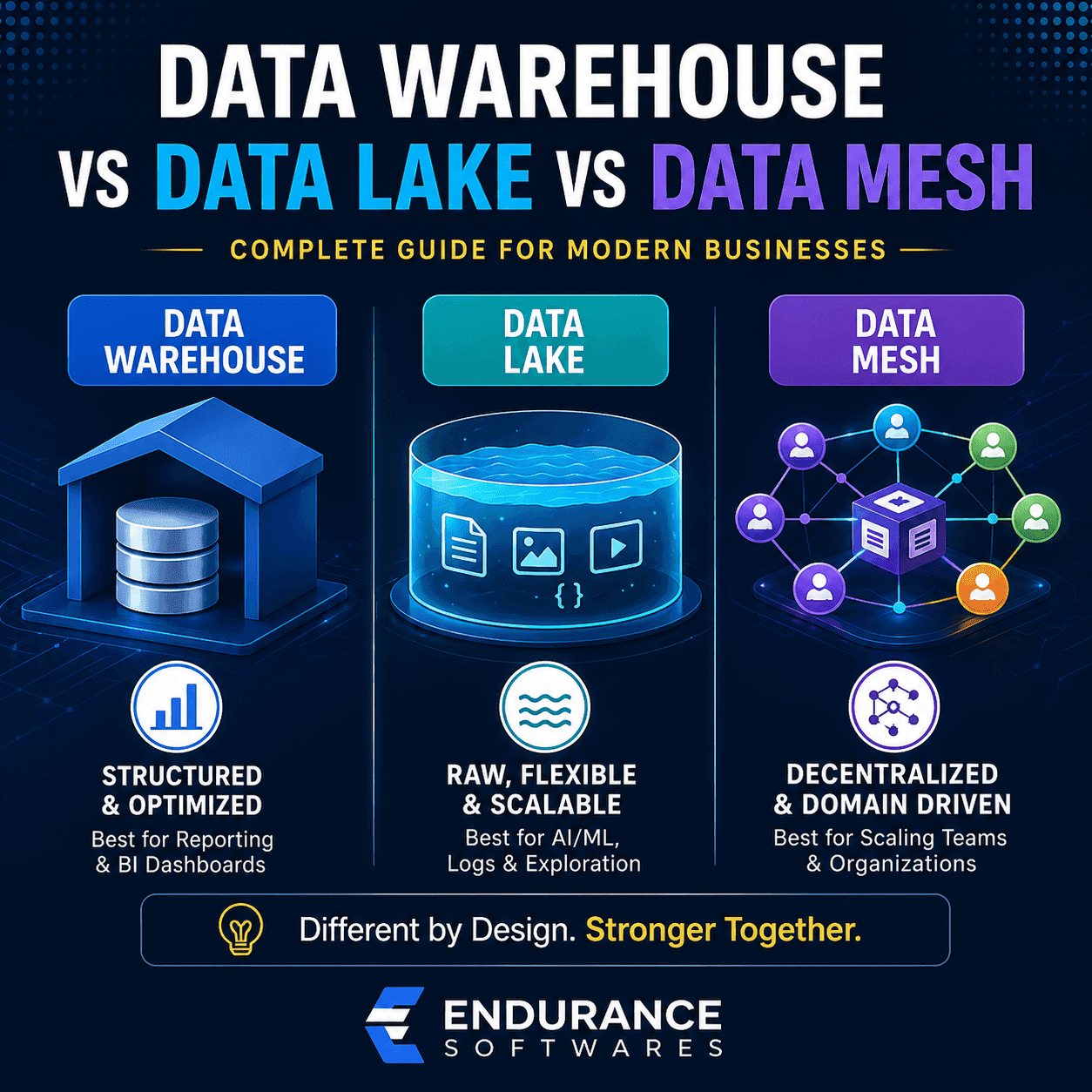 Data Warehouse vs Data Lake vs Data Mesh | Endurance Softwares Guide 2026