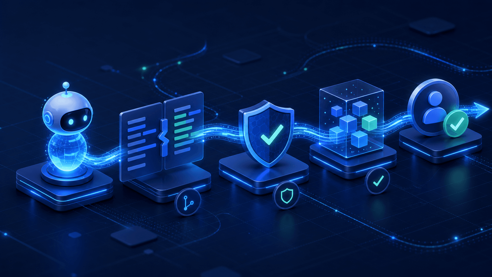 Illustration of an AI coding agent moving changes through code review, security checks, and human approval