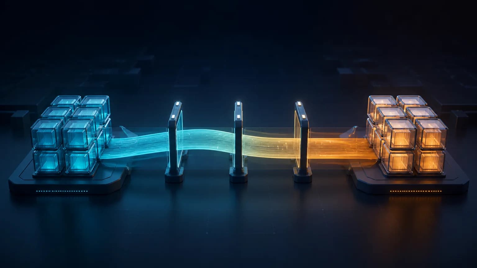 Cyan and amber application fleets connected through controlled Kubernetes deployment checkpoints