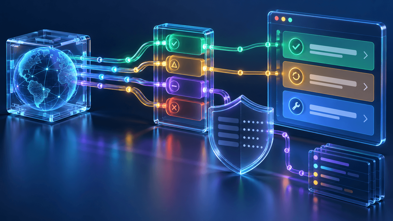 Structured API outcomes reaching browser recovery choices while a shield separates private diagnostics from public errors