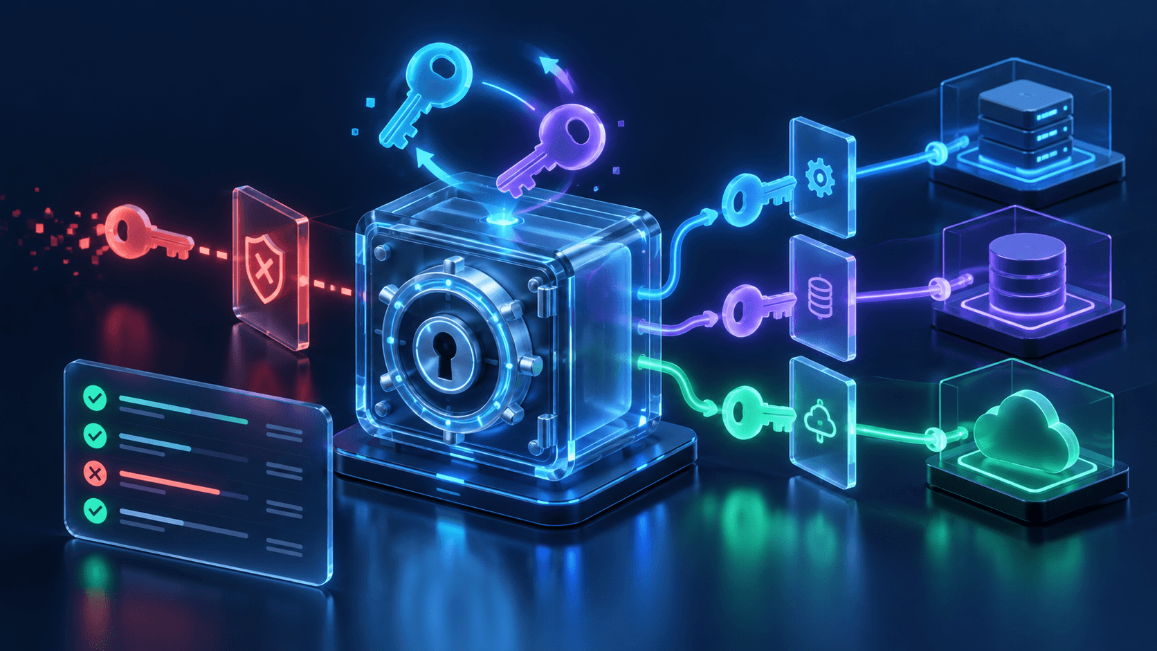 A secure credential vault distributing scoped API keys, rotating replacements, and blocking a revoked key beside an audit ledger