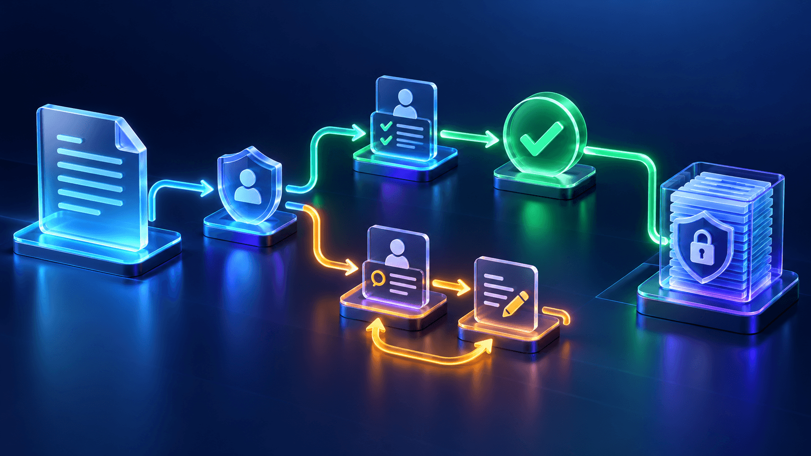 A request passing through permission and reviewer checkpoints with approval and revision branches leading to protected audit history