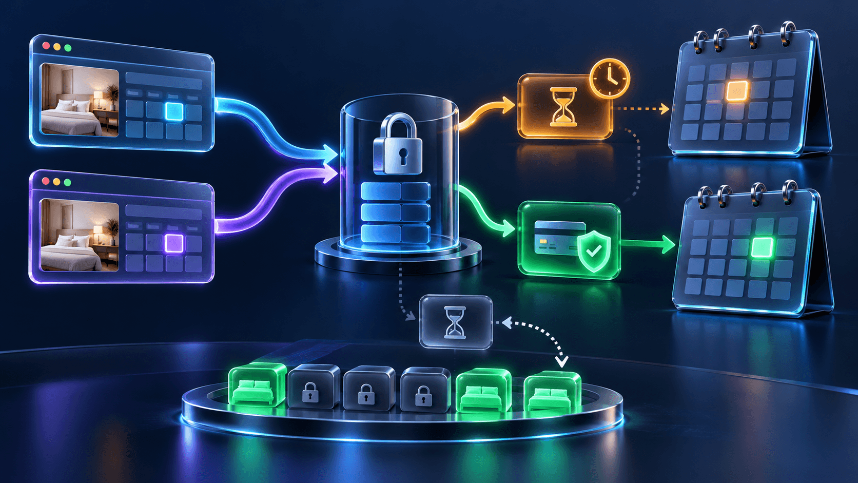 Competing booking requests passing an atomic hold gate before payment confirmation or expiry returns capacity