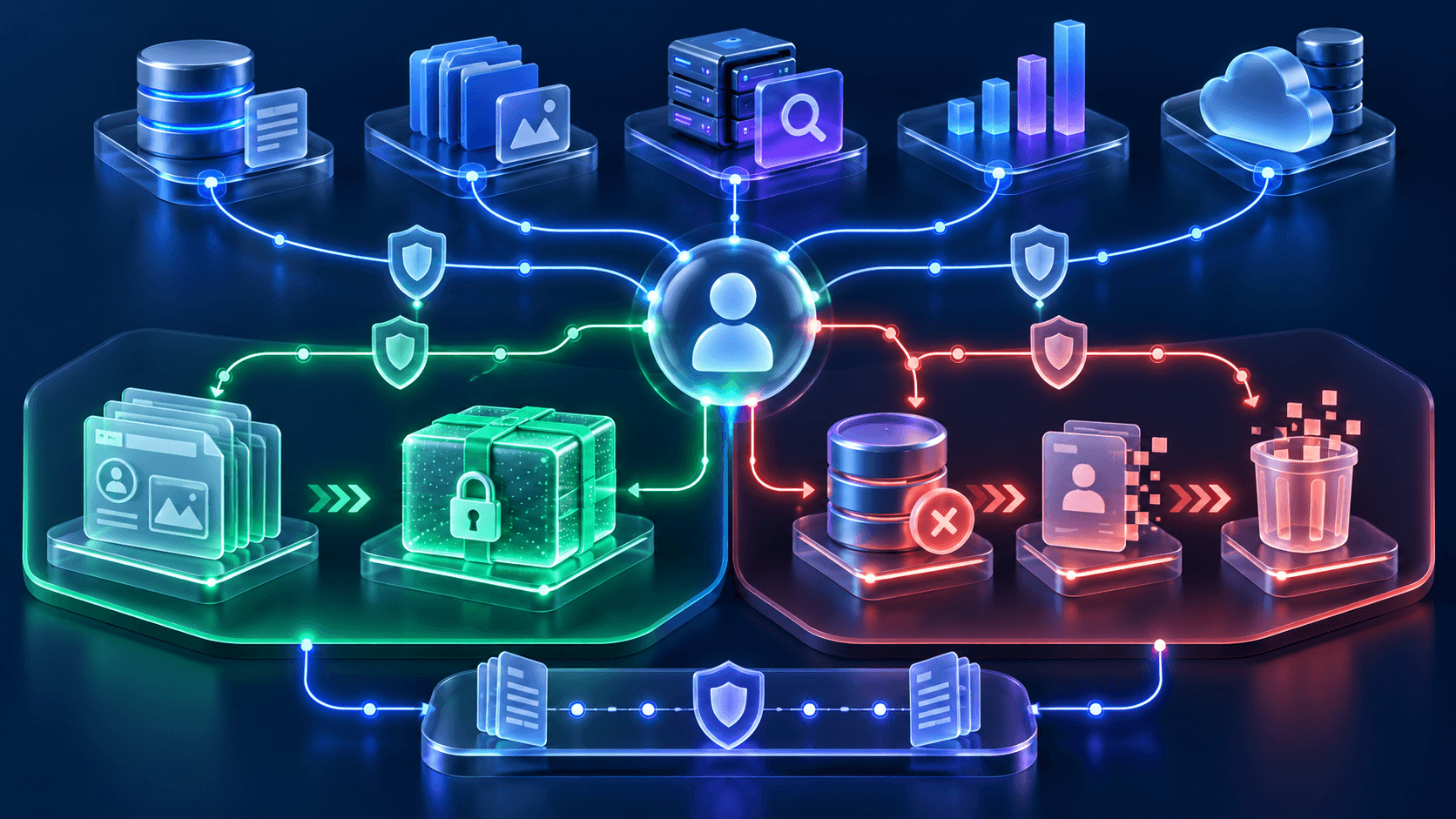 A secured user data map branching into an encrypted export workflow and a verified account deletion workflow