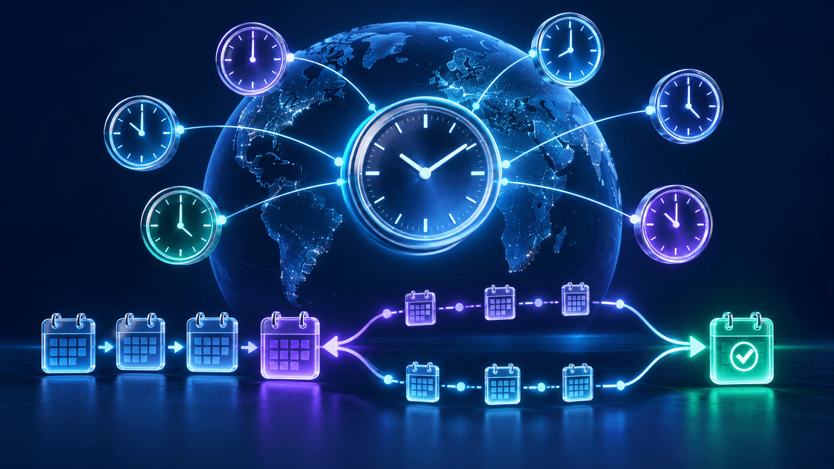 A central clock connecting regional clocks around a globe with calendar paths converging on a verified scheduled event
