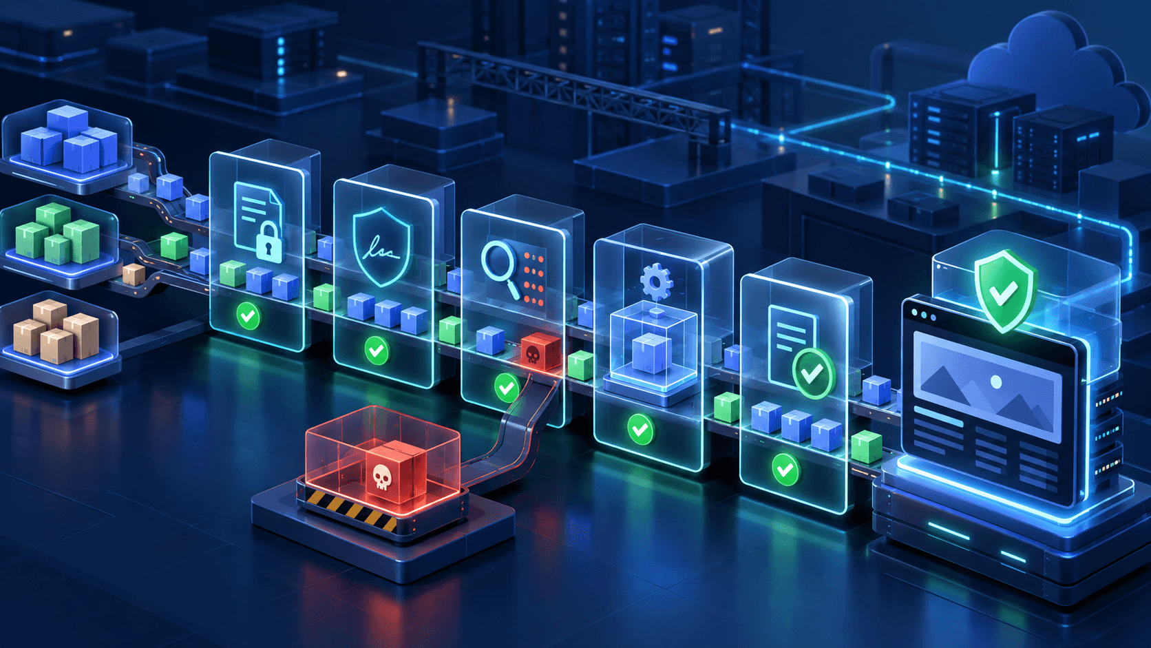 Software packages passing through lockfile, provenance, scanning, build, and artifact-verification gates before reaching a Next.js application