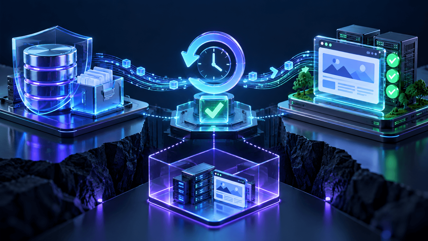 Protected database and file backups passing through a restore checkpoint into a verified web application and isolated recovery environment