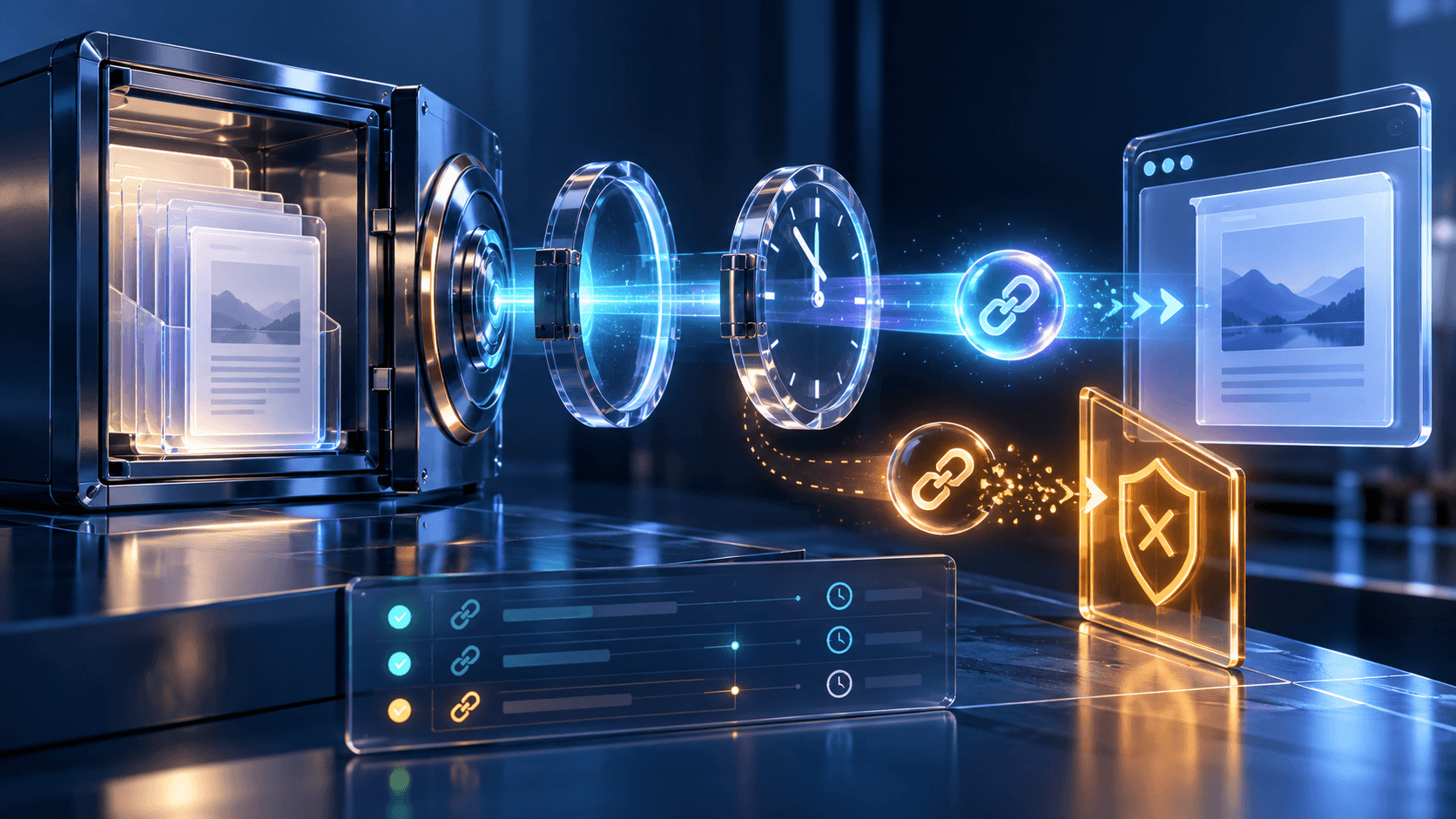 A private document vault issuing scoped expiring share links while revoked links stop at an access gate