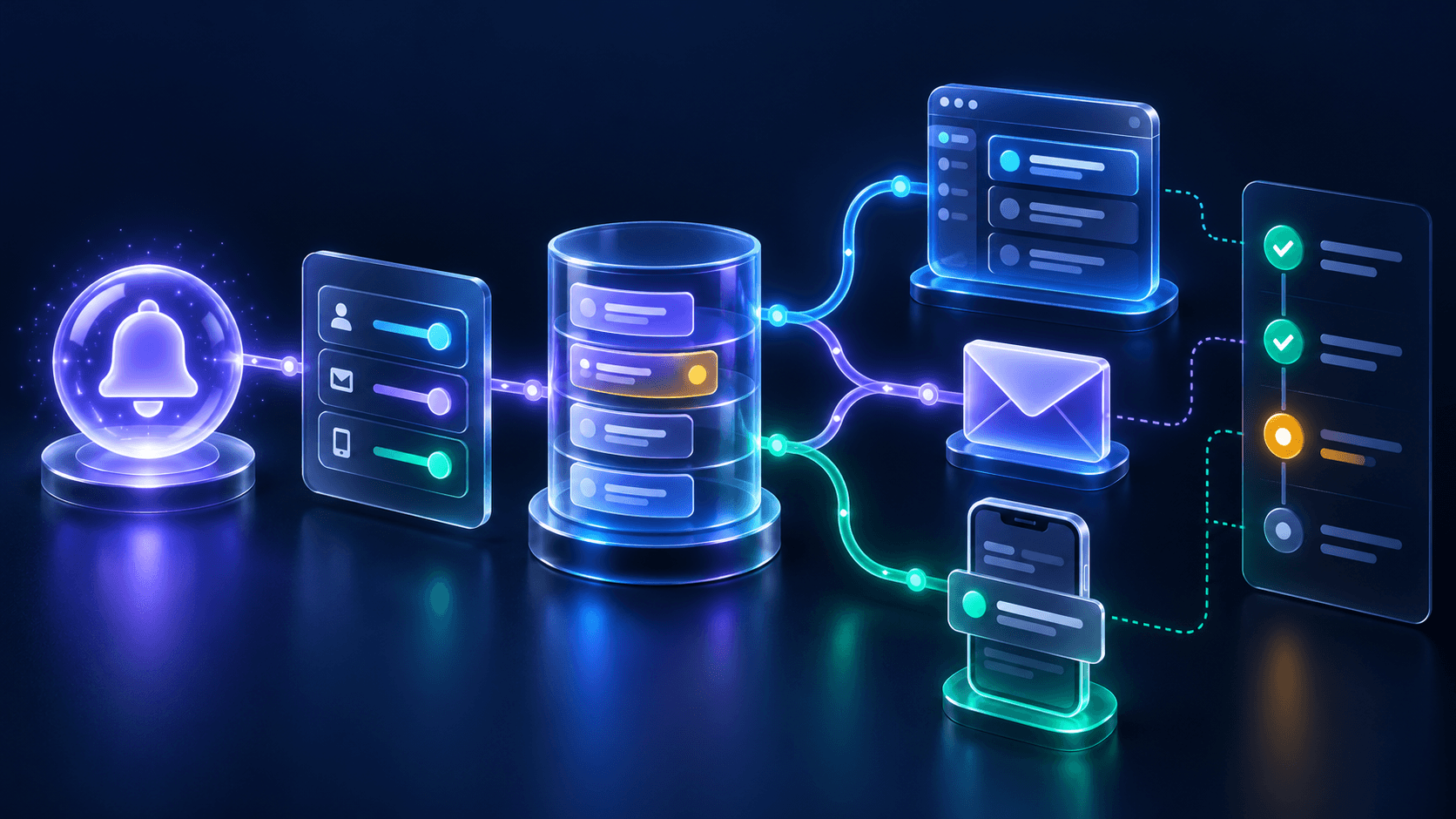 A notification event passing through preference controls and a durable queue to an application inbox, email, and mobile alert with delivery tracking