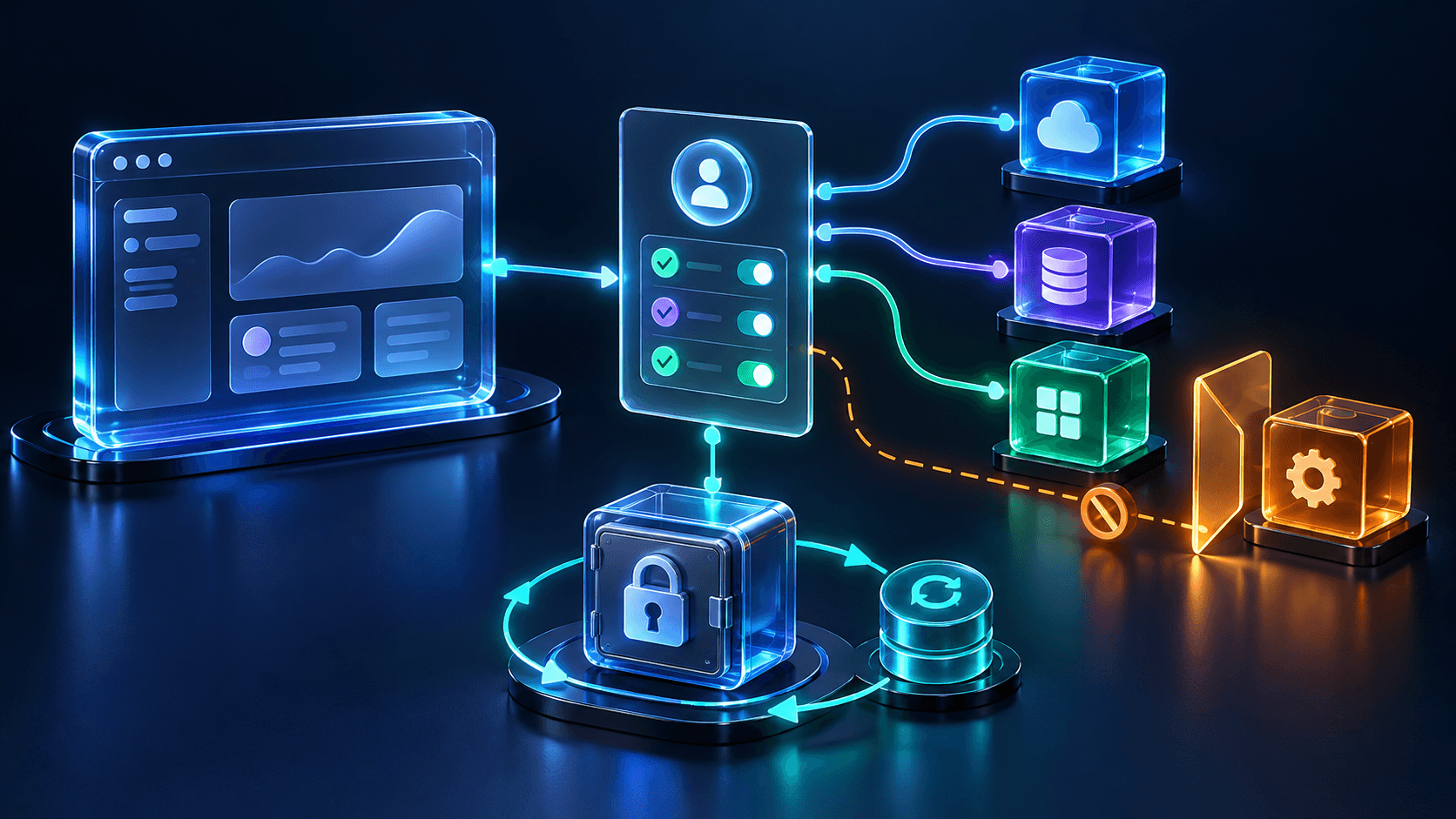 An application connecting through scoped consent to external services with a credential vault and token refresh loop