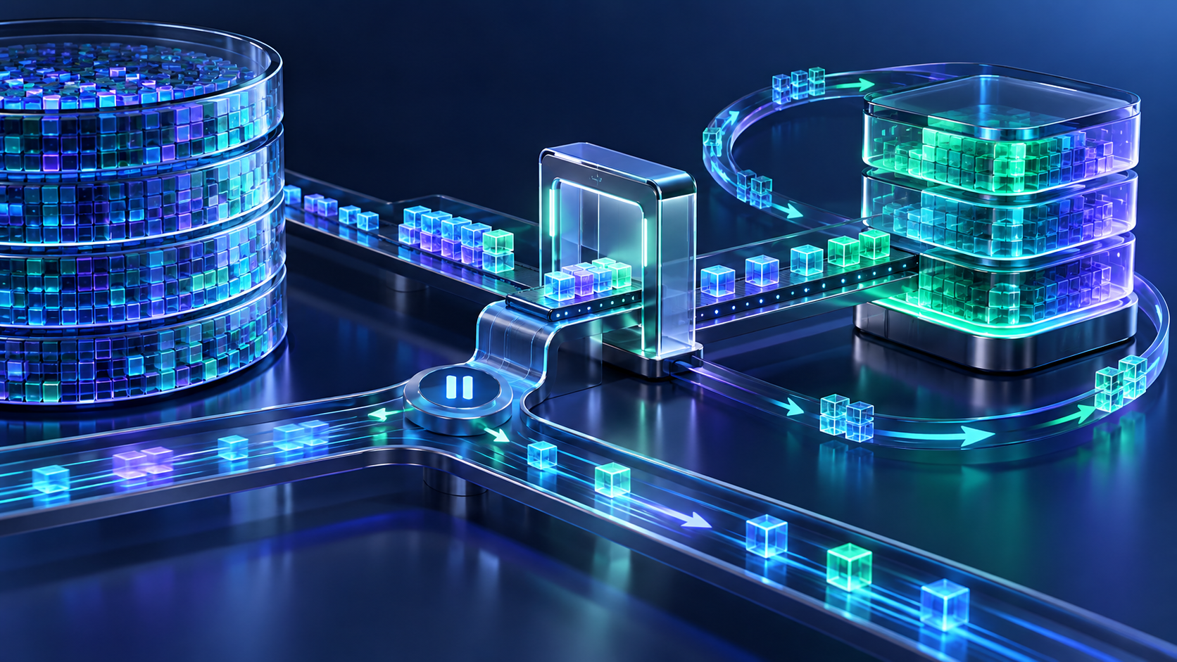 Small checkpointed data batches moving between database structures alongside uninterrupted live traffic