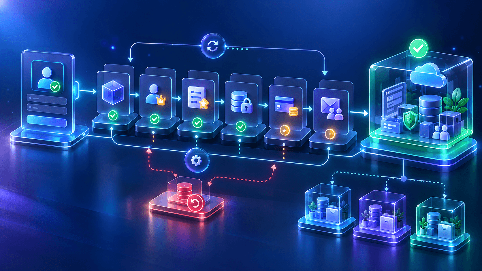 A verified signup moving through tenant creation, owner roles, entitlements, secure resources, billing, and invitations into a ready SaaS workspace