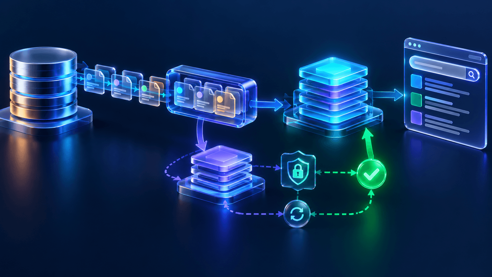Database changes flowing through a queue into a search index with a parallel rebuild, permission checkpoint, and reconciliation path