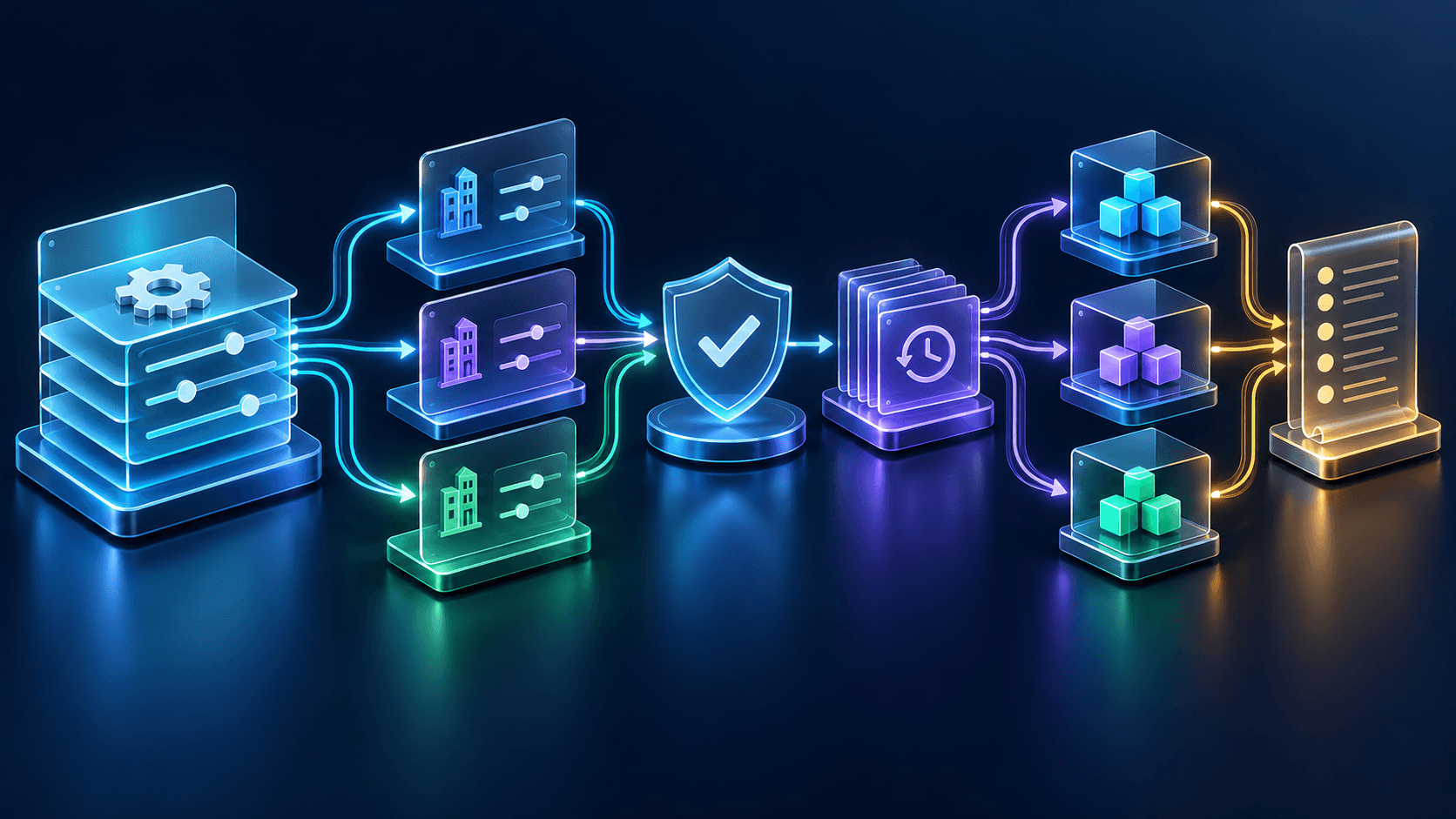 System defaults flowing into tenant overrides through validation and version checkpoints before reaching application consumers and audit history