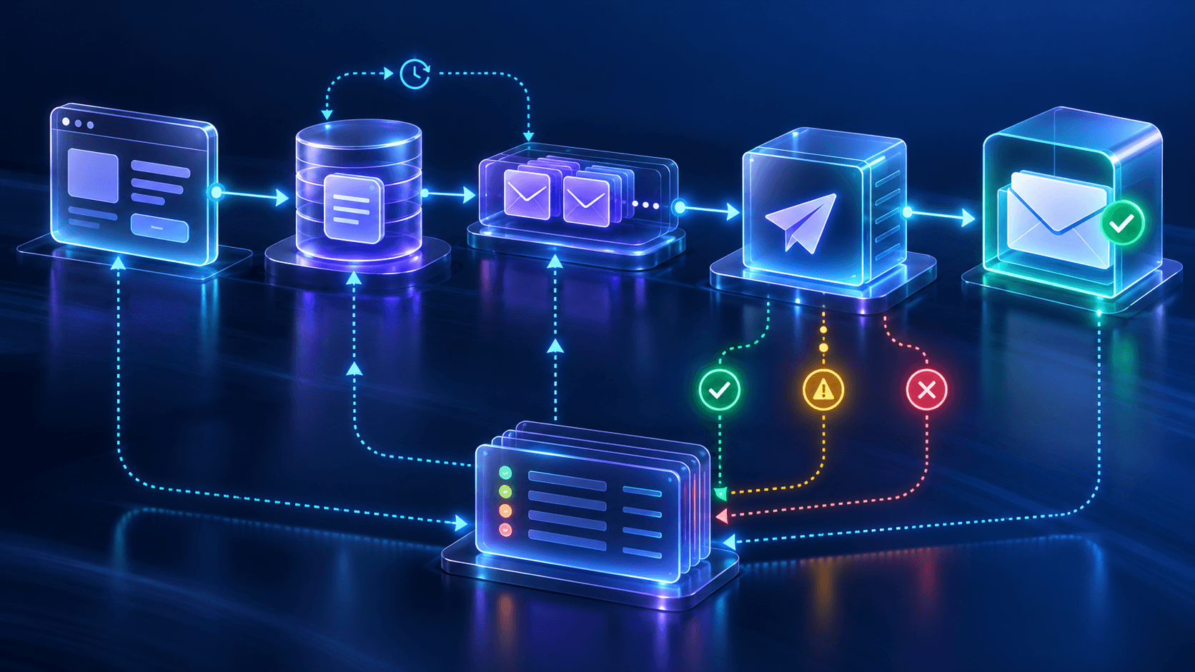 A Next.js application sending transactional email through a durable outbox and queue while delivery webhooks return to an event ledger