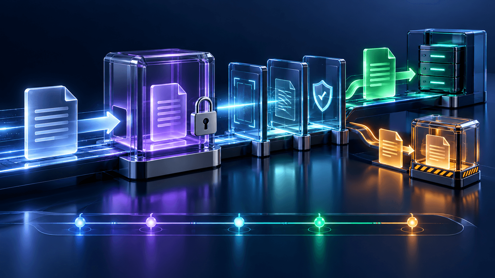 An uploaded document passing through quarantine and scanning gates before private release with suspicious files isolated