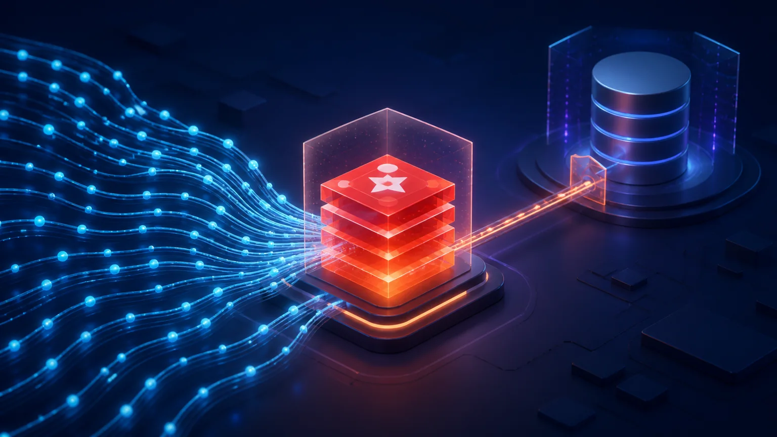 Many request streams coalescing through a Redis cache before reaching a protected database