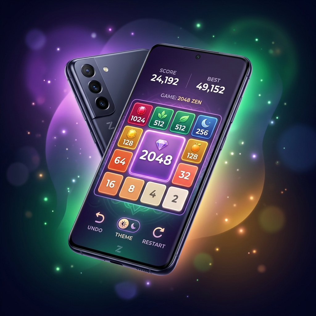 2048 Zen mobile phone gameplay with glowing tiles and modern dark UI