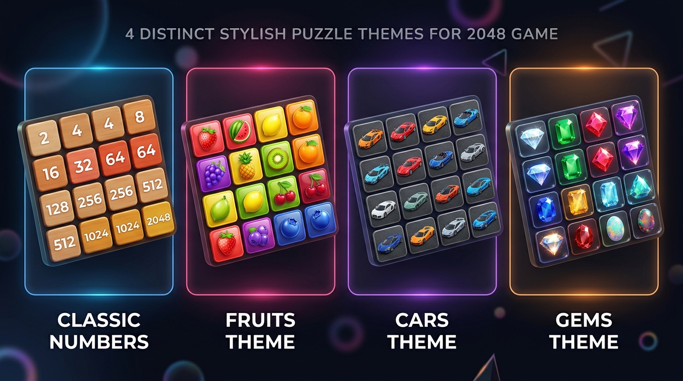 Showcase of four 2048 themes: Classic Numbers, Fruits Theme, Cars Theme, Gems Theme