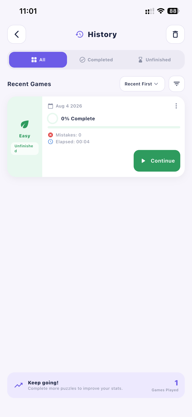 Continue where you left off in Sudoku Offline