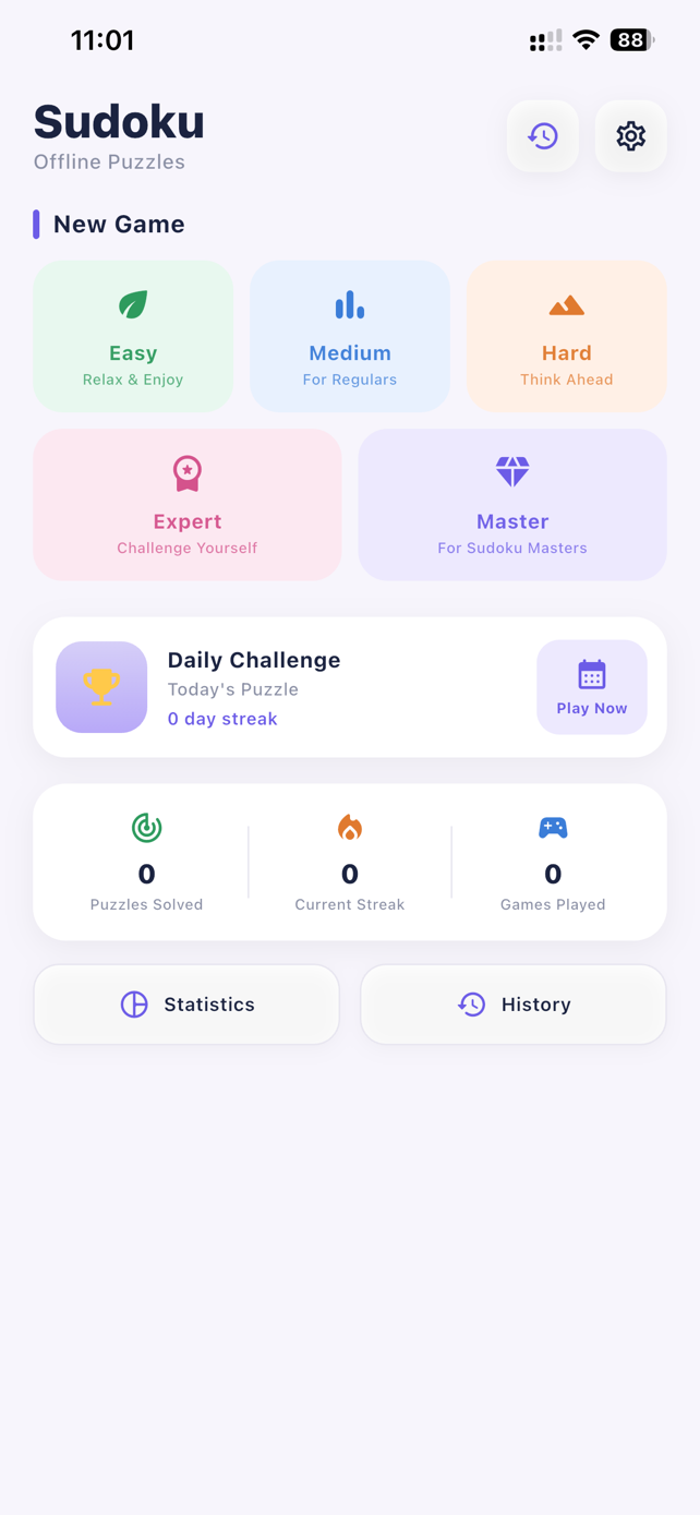 Sudoku Offline home screen with difficulty levels and daily challenge